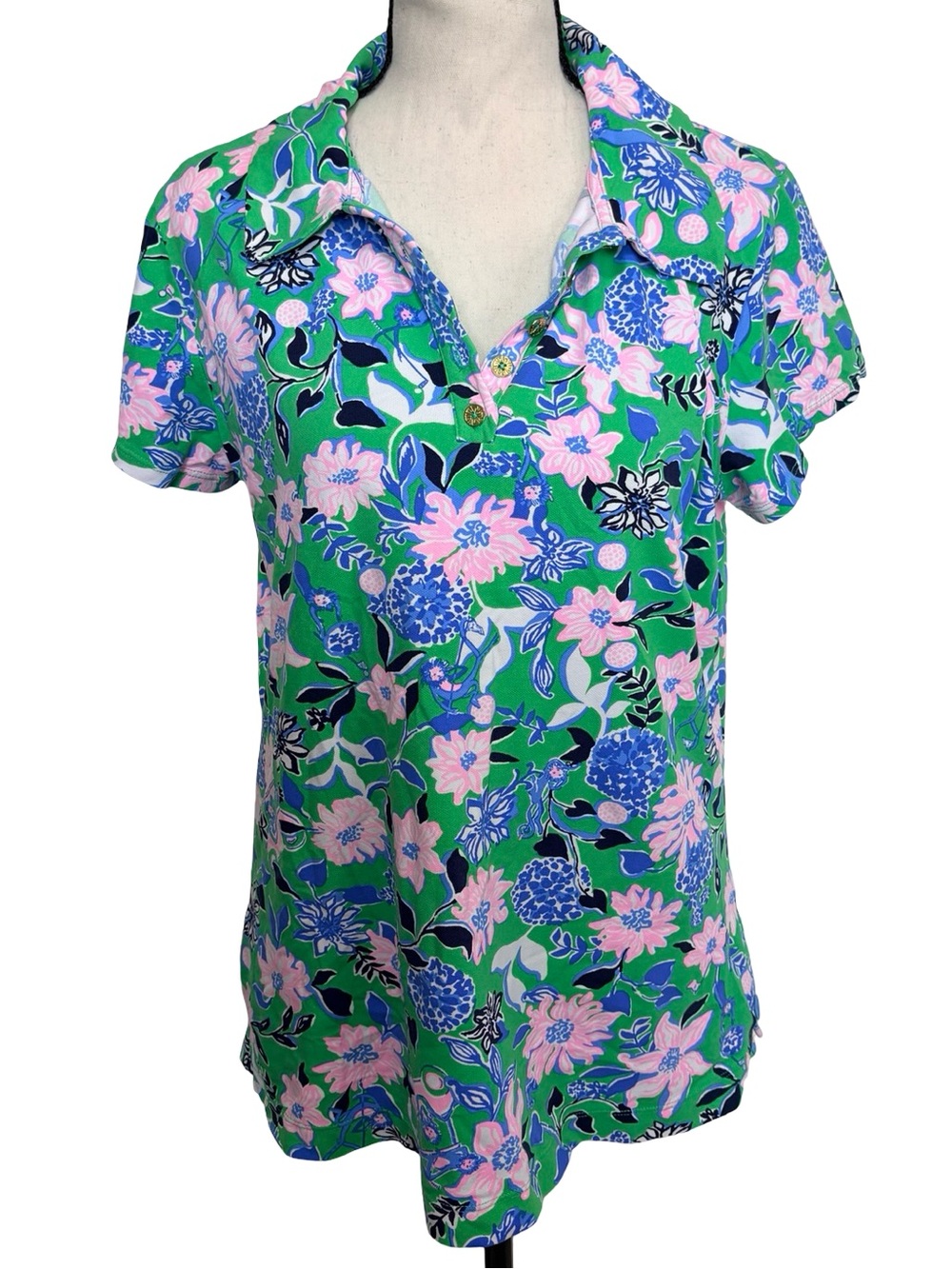 Lilly Pulitzer Luxletic XL Floral Monkey Polo Shirt Green Pink Stretch
